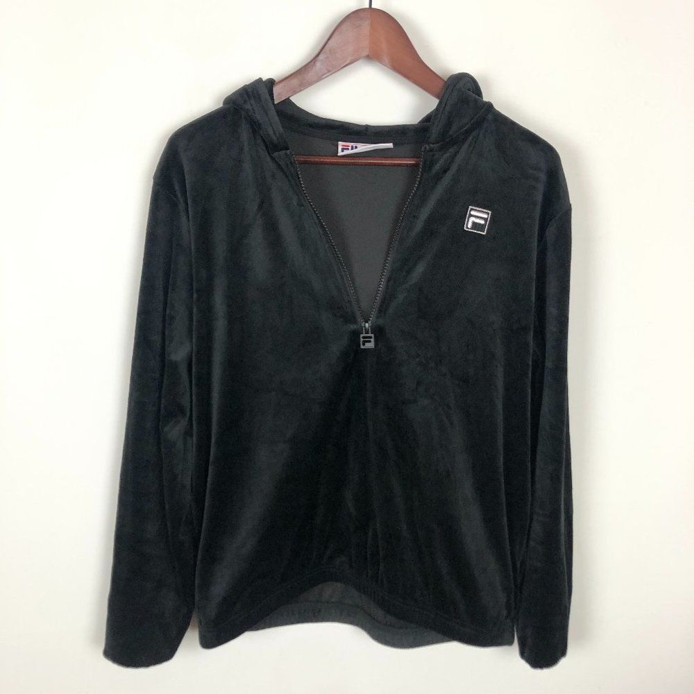 Fila Black Velour 1/4 Zip Pullover Sweater Women's size Medium Hooded